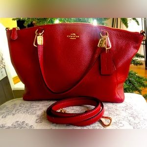 Christmas Red Leather Coach bag, 8” high x 12” wide. Optional shoulder strap.